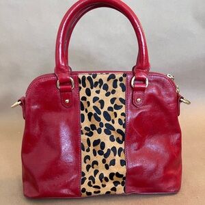 Badgley Mischka Red Genuine Leather Handbag With Real Cow hair Fur Top Handle